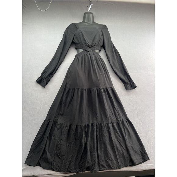 Merokeety Dresses & Skirts - MEROKEETY Dress Womens Small Black Square Neck Long Sleeve Smocked Tiered Maxi